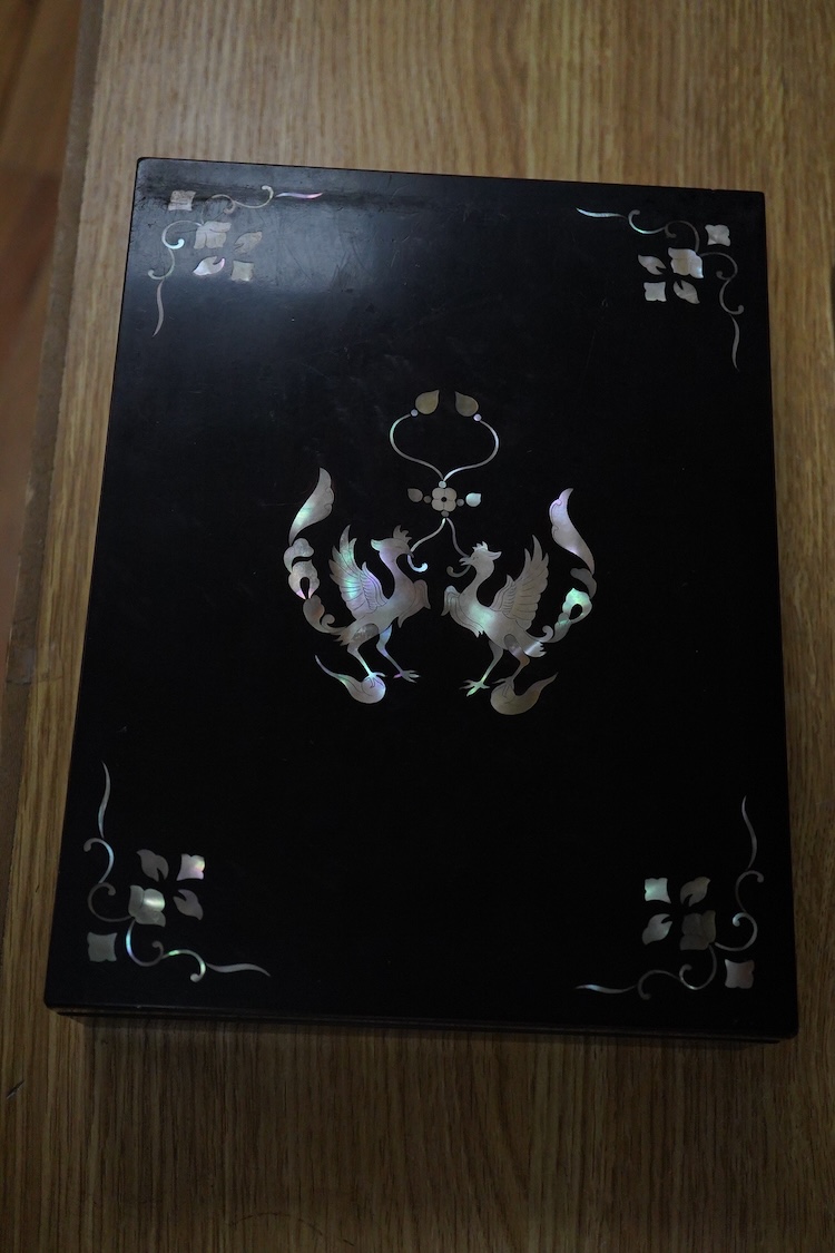 A Tunbridge ware half square mosaic banded writing slope, c.1830, a lacquer and mother of pearl inlaid box and an Indian bone veneered box, largest 34cm wide